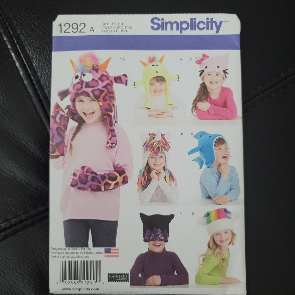 Simplicity 1292 Elaine Heigl Kids Animal Hat Mitten Sewing Pattern Uncut S-L